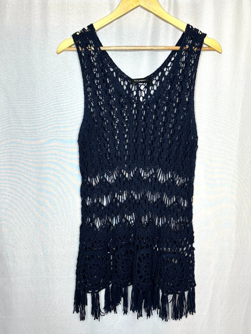 Blu Pepper Crochet and Fringe Tank Top, Large Boho Beach Fairy Cottage Navy Blue